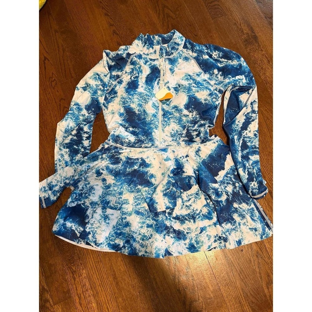 Uniquebella women's long-sleeve, ruffled-skirt swimsuit Large NWT